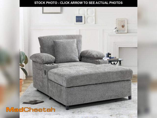 Lot 74-12027035 - Harper &amp; Bright Designs Oversized Gray Chenille Chaise Lounger with Ottoman, Pillow, Charge Stat...
