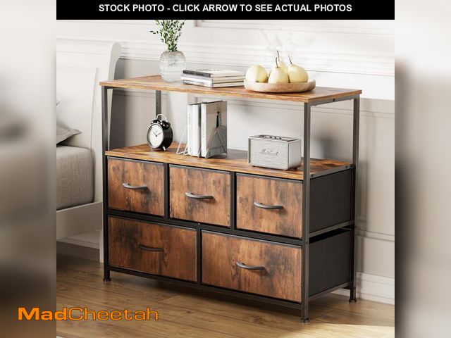 Lot 74-13779454 - edx TV Stand with 5 Drawer Dresser Open Shelves, Fits TV up to 45 Inches, Rust Brown - UNUSED