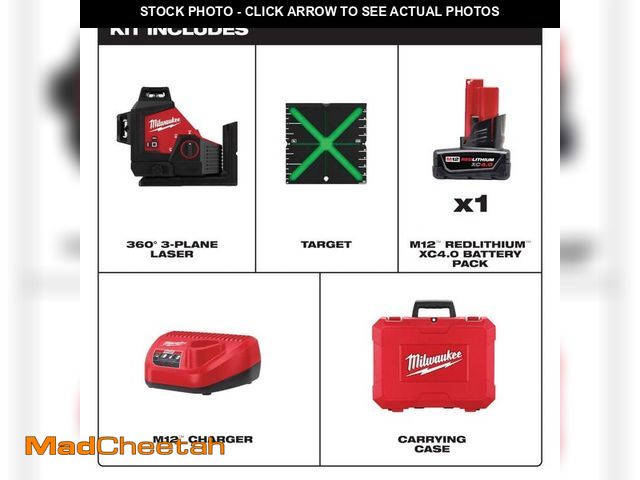 Lot 74-14292880 - Milwaukee M12 12-Volt Lithium-Ion Cordless Green 250 ft. 3-Plane Laser Level Kit with One 4.0 Ah Bat...
