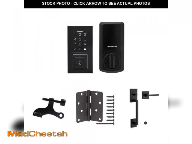 Lot 74-12055239 - SmartCode 270 Deadbolt, Hinge Pin Stop, 4 in. Hinge, and San Clemente Handleset, Matte Black Combo -...