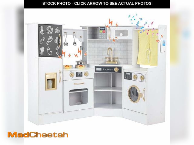 Lot 74-13044094 - iYofe Corner Wooden Play Kitchen, Kids Kitchen Playset w/Light &amp; Sound, Phone, Microwave, Stove,...