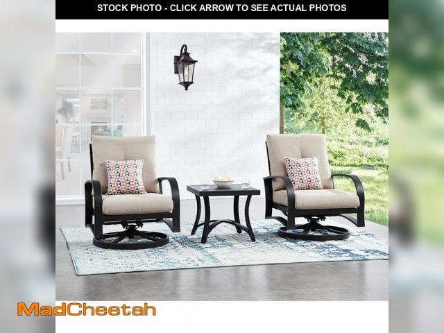 Lot 74-12251027 - 3-Piece Aluminum Patio Conversation Set with Beige Sunbrella Cushions, 2 Swivel Chairs, Side Table -...