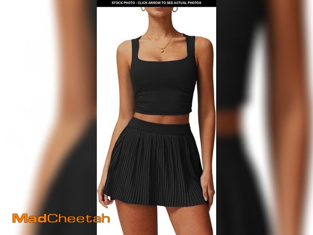 Lot 74-12333734 - Womens 2 Piece Tennis Dresses Sleeveless Square Neck Crop Tank Tops with High Waisted Pleated Workou...