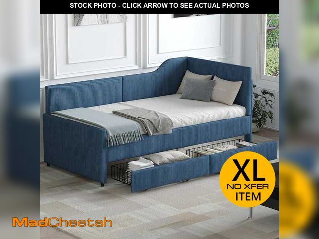 Lot 74-13225355 - Harper &amp; Bright Designs Blue Twin Size Corduroy Upholstered Daybed with 2-Drawers and L-Shaped B...