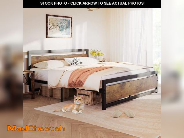 Lot 74-12199449 - Garvee King Size Bed Frame with Wooden Headboard &amp; Footboard, Metal Platform, No Box Spring Need...