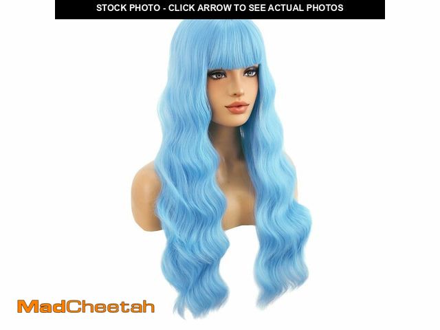 Lot 74-14378523 - BERON Blue Long Wigs Curly Wavy Womens Wigs with Bangs Light Blue Colored Heat Resistant Synthetic W...
