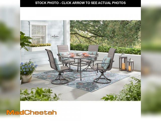 Lot 74-12528314 - Hampton Bay Ashbury Pewter 5-Piece Steel Padded Sling Square Glass Top Outdoor Dining Set - USED