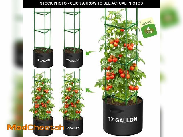 Lot 74-14150645 - MQJIAZHI 4 Pack Tomato Cages, Triangle Tomato Trellis with 17 Gallon Grow Bags, Tomato Plant Support...