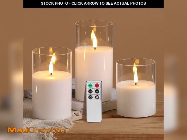Lot 74-13542794 - Eywamage Clear Glass Flameless Candles with Remote Timer, Flickering Battery LED Pillar Candles Set ...