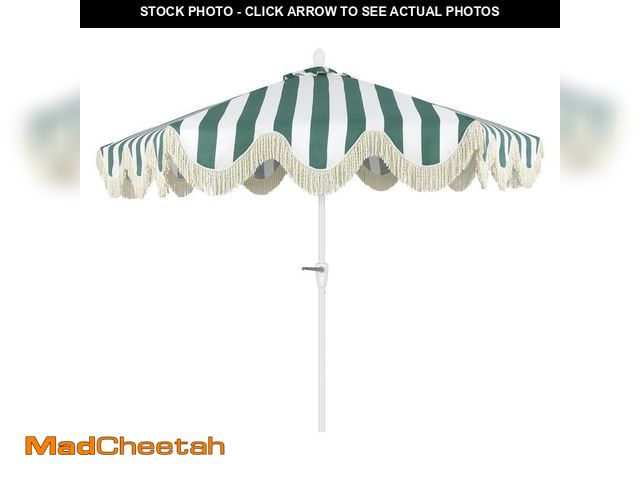 Lot 74-14345248 - JONATHAN Y Collins 9 ft. Classic Cottage Fringe Tassel Market Patio Umbrella in Light Green and Whit...
