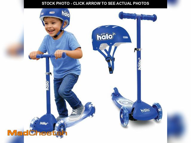 Lot 74-12685871 - HALO Rise Above Jr 3 Wheel Scooter and Helmet Set - Blue 2+ - Light up Wheels and Adjustable Helmet ...