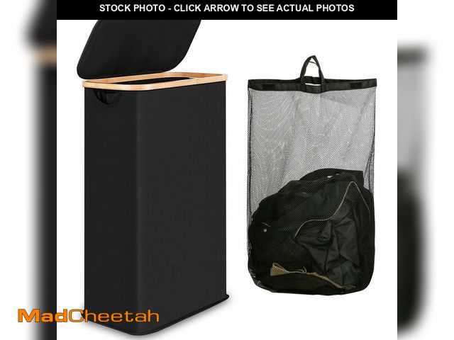 Lot 74-12713096 - iEGrow 60L Slim Laundry Hamper, Narrow Laundry Basket with Lid,Foldable Clothes Hamper with Bamboo H...