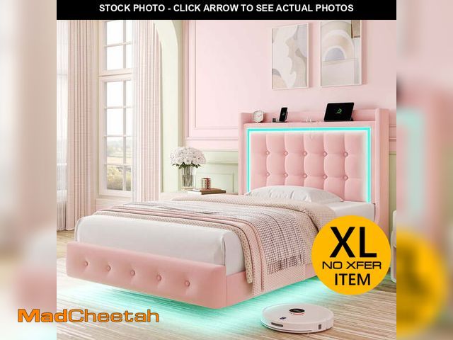 Lot 74-13506654 - Homfa Twin Size Floating Bed Frame with RGB LED Lights Charging Station, Modern Velvet Upholstered P...