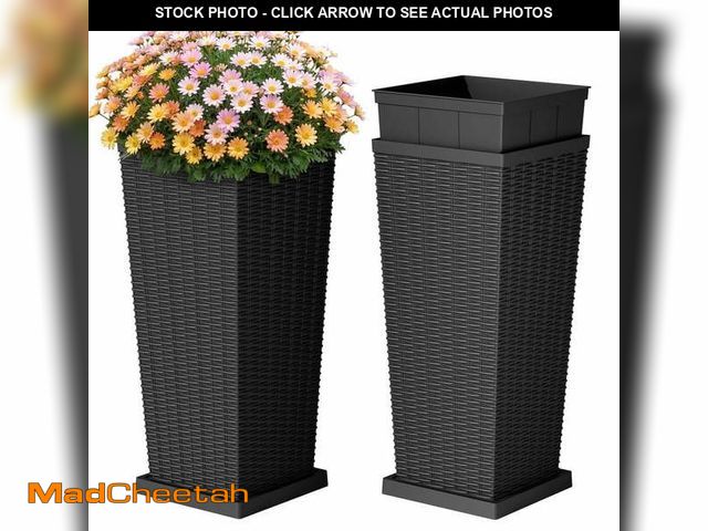Lot 74-14310124 - Homall 25" Tall Plastic Planter Set of 2 with Inside Pots, Drainages and Trays, for Outdoor and Indo...