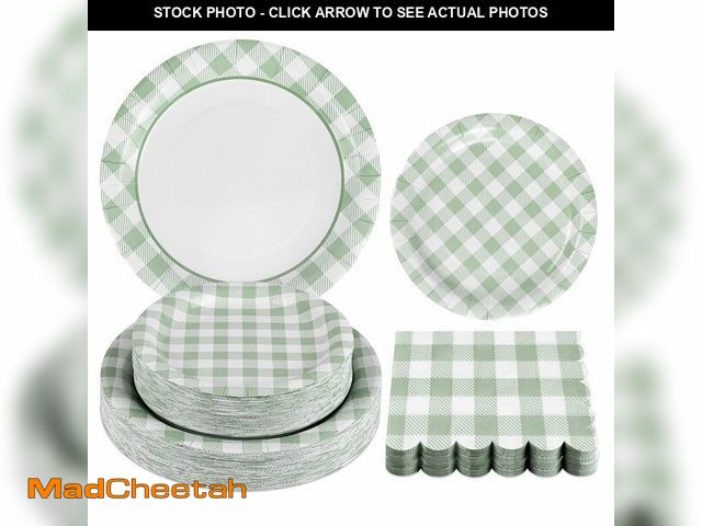 Lot 74-14263325 - 150Pcs Sage Green Gingham Party Supplies Green Gingham Paper Plates and Napkins Green Plaid Plates D...