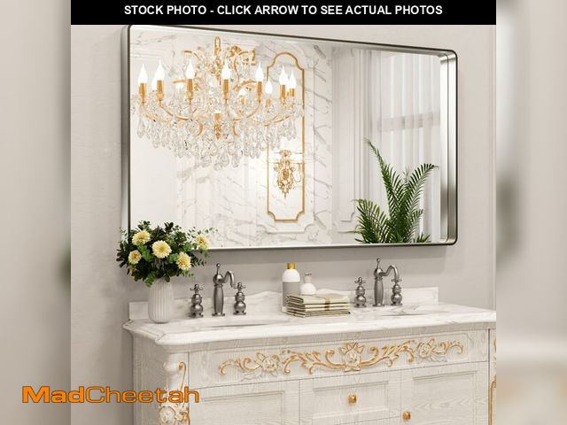 Lot 74-12569132 - LOAAO 60X30 Inch Brushed Nickel Bathroom Mirror, Rounded Rectangle Silver Metal Frame Mirror, Brushe...