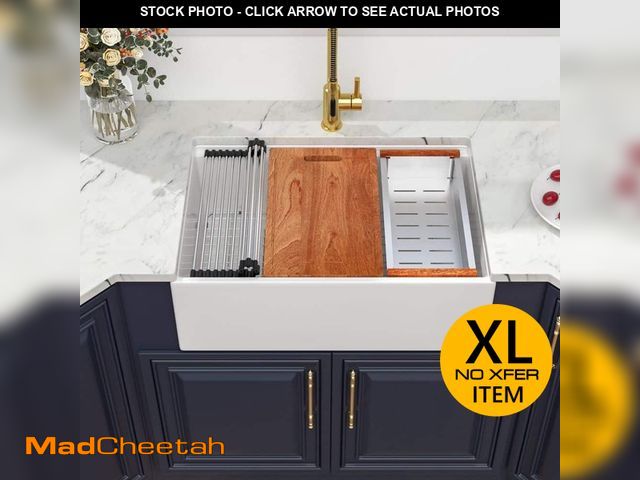 Lot 74-12934494 - LORDEAR Ceramic White 33 in. Farmhouse Single Bowl Workstation Apron Front Kitchen Sink with Bottom ...