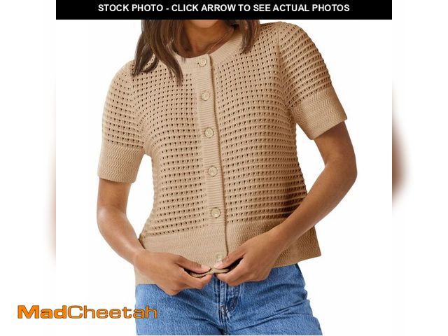 Lot 74-13523830 - Saodimallsu Womens Crochet Short Sleeve Cardigans Button Up Crew Neck Summer Beach Knit Sweater Tops...