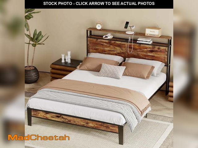 Lot 74-13818583 - BEHOST Twin Bed Frame Heavy Duty Metal Platform with Headboard Shelf USB and Power Outlets Vintage B...