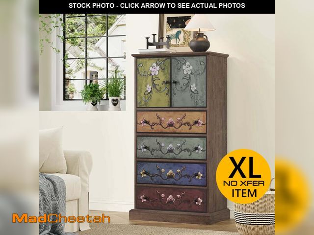 Lot 74-14289321 - Homfa 50 Tall Dresser with 4 Drawers, Boho Vintage Dresser with 2 Doors, Wood Drawers Chest for Bedr...