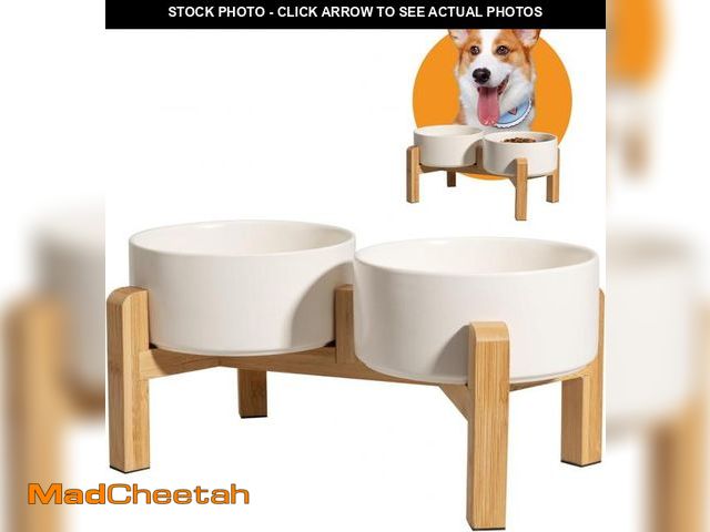 Lot 74-11549382 - Elevated Ceramic Dog Bowl Set - Raised Dog Bowls with Non-Slip Bamboo Stand - Dog Food and Water Bow...