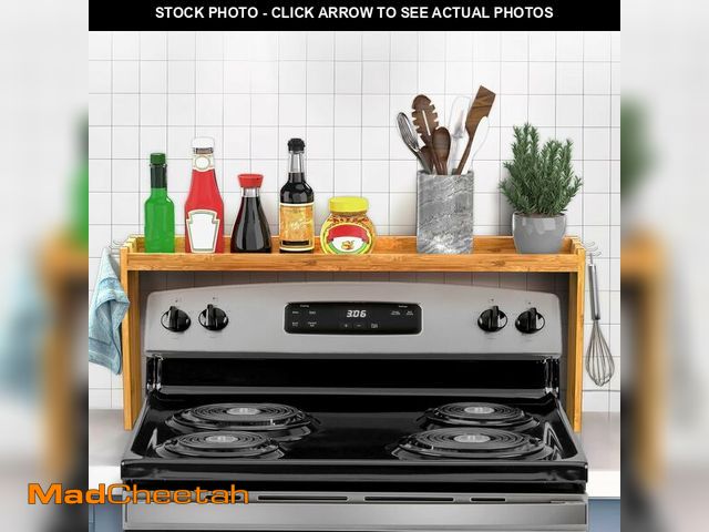 Lot 74-14599073 - IIIOIIIA Bamboo Over the Stove Spice Shelf for Kitchen, 31.5" Spice Rack Organizer Shelf with 6 hook...