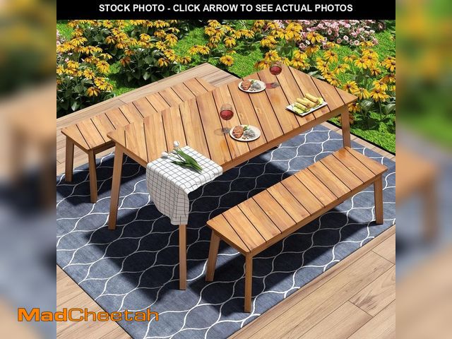Lot 74-12659466 - 3 Pieces Acacia Wood Outdoor Table Bench Dining Set For Outdoor and Indoor Furniture With 2 Benches,...