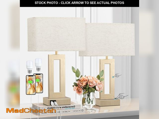 Lot 74-14431610 - Seealle Bedroom Table Lamps Set of 2 - Beige Gold Touch Bedside Lamps with USB C+A, 3 Way Dimmable G...