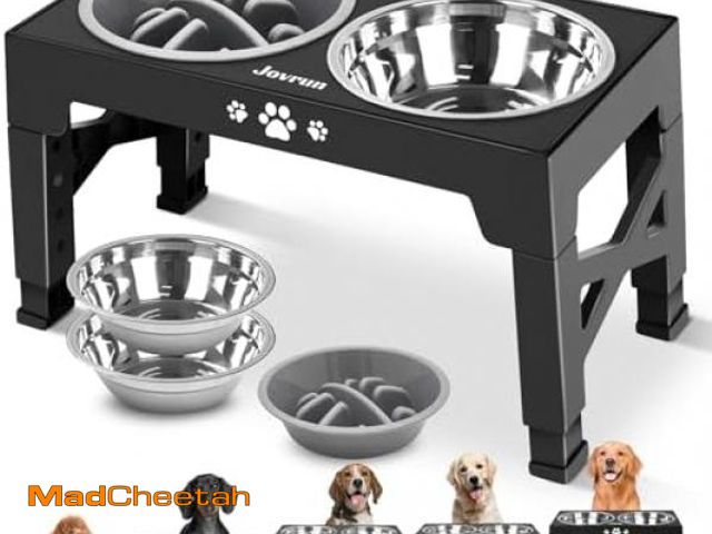 Lot 74-12126105 - Jovrun Elevated Dog Bowls, Dog Feeder with 2 Stainless Steel Dishes &amp;1 Slow Feeder Bowl, 5 Heigh...
