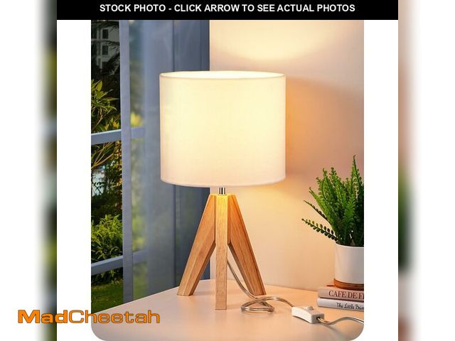 Lot 74-14379999 - EDISHINE Small Cute Table Lamp, Wood Tripod Nightstand Lamp, Mid Century Bedside Lamp with Linen Fab...