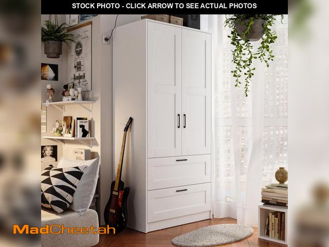 Lot 74-12391885 - Fenghua Lizhi Wood White Wardrobe Closet with 2 Doors and 2 DrawersÃ¯Â¼ÅBedroom Freestanding Armoir...