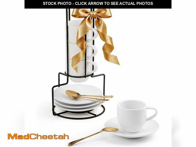 Lot 74-14269337 - Lareina 3-Ounce Espresso Cups with Saucers, Spoons and Metal Stand, Small Stackable Coffee Cups Set ...