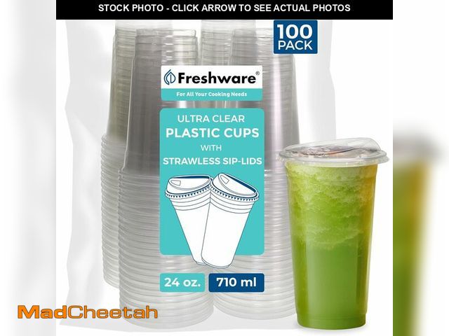 Lot 74-13714895 - Freshware 24 oz Clear Disposable Plastic Cups with Strawless Sip Lids, 100 Pack Clear Plastic Tumble...