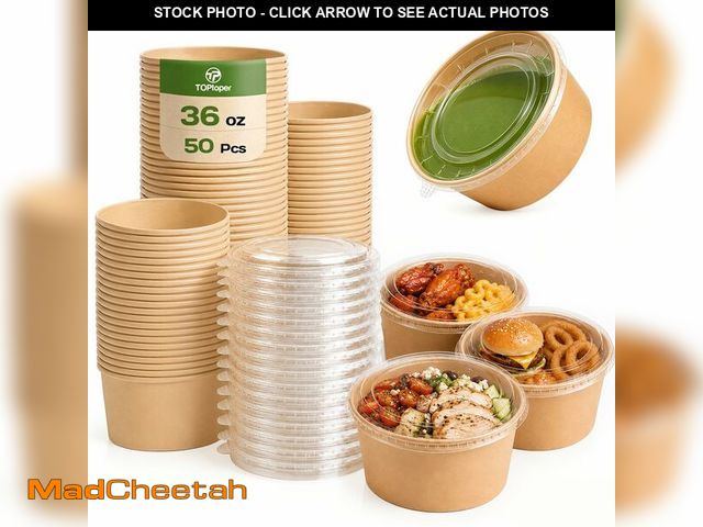 Lot 74-14432841 - TOPtoper 36Oz 50Pcs Large Paper Bowls with Lids, Disposable Soup Serving Bowls Bulk Party Supplies f...