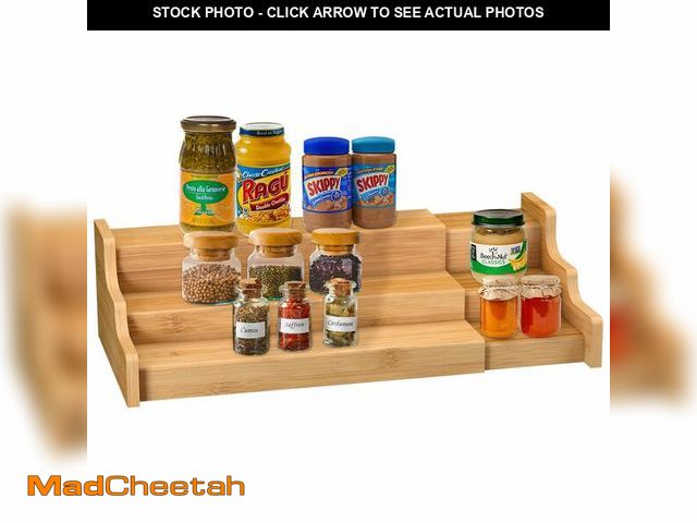 Lot 74-14153171 - Spice Rack Kitchen Cabinet Organizer- 3 Tier Bamboo Expandable Display Shelf Yellow - UNUSED