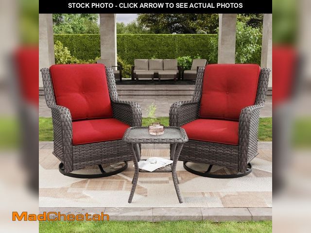 Lot 74-14325933 - JOYSIDE 3-Piece Wicker Patio Swivel Outdoor Rocking Chair Set with Red Cushions and Table - UNUSED