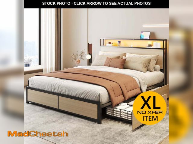 Lot 74-12801315 - Lifezone Rustic Adult Queen MDF Metal Bookcase Bed with LED Light &amp; Drawers, Beige - UNUSED