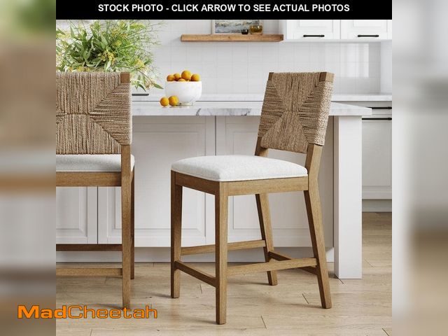 Lot 74-13866983 - Nathan James Beacon 24 in. Bohemian Boucle Upholstered Wood Counter Height Bar Stool w/ Woven Back, ...