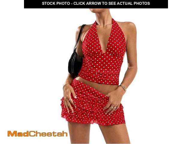 Lot 74-14340443 - THLAI Women Polka Dot Outfits 2 Piece Skirt Sets Halter V-Neck Top and Ruffle Layered Mini Skirt Sum...