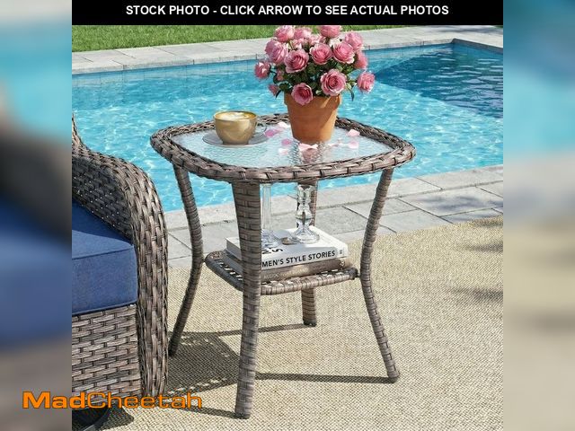 Lot 74-14325553 - moosprr MoonLuxe Gray Square Wicker Outdoor Side Table with Tempered Glass Top Porch PE Rattan End T...