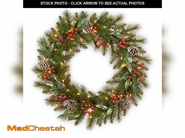 Lot 74-12829101 - National Tree Company Pre-Lit Artificial Christmas Wreath, Green, Frosted Pine, White Lights, Decora...