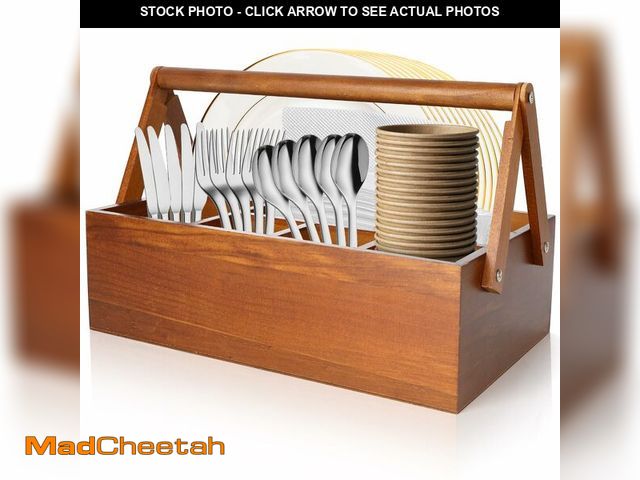Lot 74-14205622 - 6 Compartments Paper Plate Organizer with Handle for Countertop, Wood Silverware Caddy for Cup, Napk...
