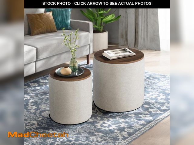 Lot 74-12463036 - Lifestyle Solutions Atlanta Beige Linen Round Nesting 2-Piece Storage Ottoman - UNUSED