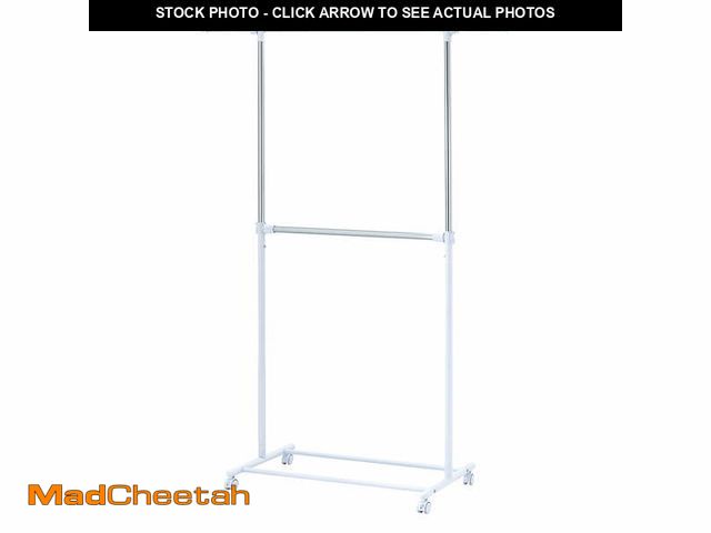 Lot 74-12556463 - Mainstays 2-Shelf Garment Drying Clothes Rack - Adjustable Height, Locking Wheels, Metal, Silver/Whi...