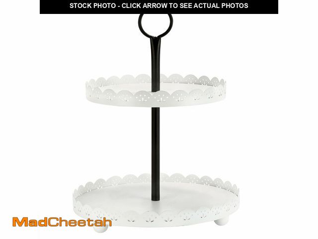 Lot 74-12883561 - Wooden Two Tiered Tray Stand, Farmhouse Round 2 Tier Decorative Tray with White Metal Floral Edge fo...