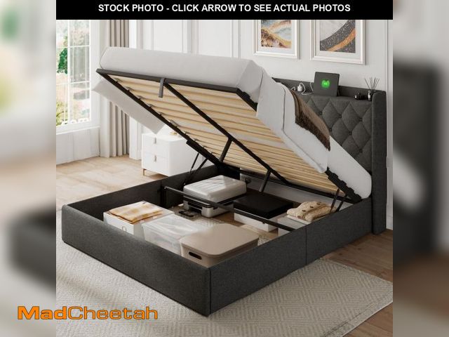 Lot 74-12408099 - iPormis Queen Size Bed Frame with Lift Up Storage &amp; Charging Station, Button Tufted Wingback Uph...