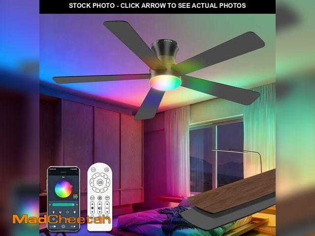 Lot 74-13777714 - Carrefour Ceiling Fans with Lights,52 Inch Silver Flush Mount Ceiling Fan with Remote,RGB,6 Speeds D...