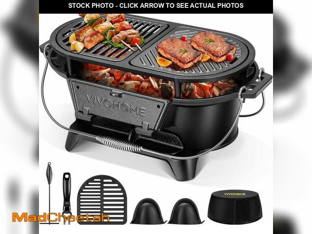 Lot 74-14608304 - SPECSTAR Oval Cast Iron Grill with Interchangeable Grates &amp; Griddle, 2 Furnace Doors for Heat Co...