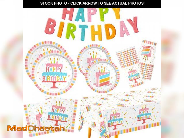 Lot 74-11550891 - Happy Birthday Party Supplies Set for 25 -Kit with Cake Design Includes Plates, Napkins, Cups, Table...