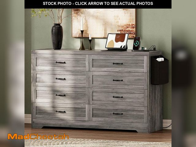 Lot 74-12394533 - DWVO Grey Farmhouse8 Drawer Dresser, 47.2" W Large Vintage Double Dresser Chest of Drawers with Char...